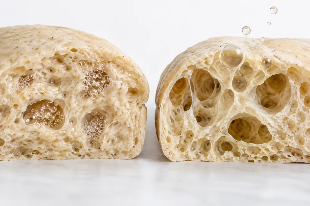 Conceptual dough cutaways showing contained and escaping gas bubbles
