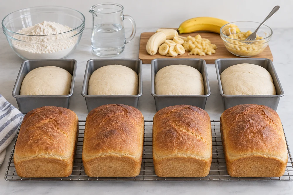 Matched dough pans and baked loaves beside flour, water and banana preparation