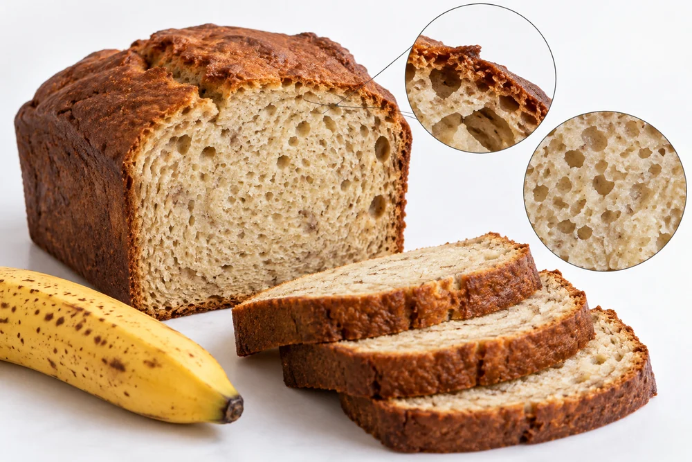 Sliced banana loaf with close-up views of crumb cells and upper crust