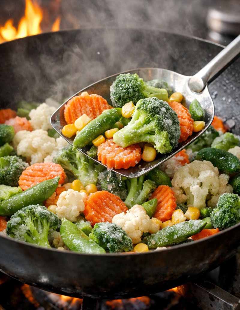Frozen vegetables for stir-fry including broccoli carrots and green beans Frozen vegetables for stir-fry including broccoli carrots and green beans